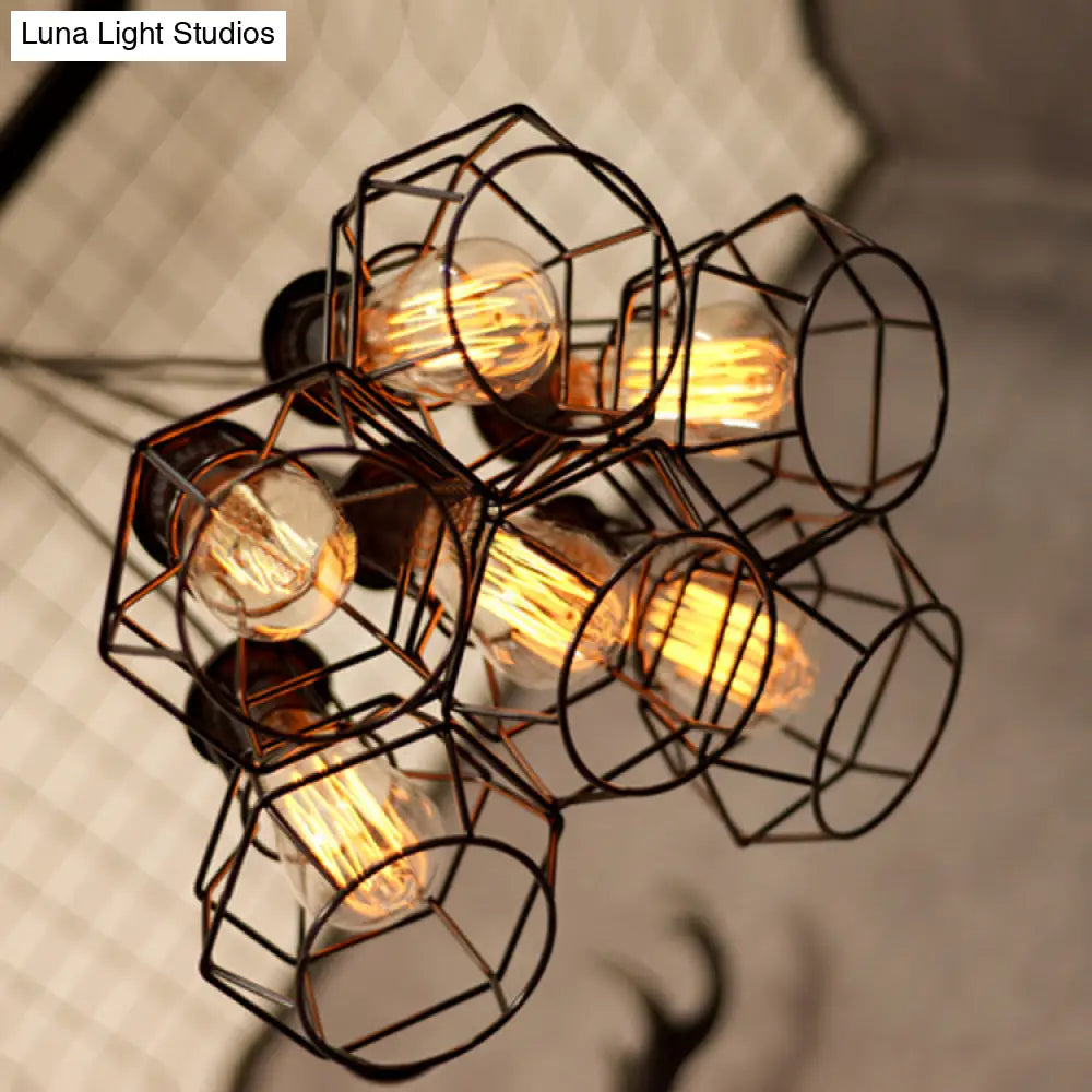 Bronze Industrial Cluster Pendant Lighting: Cage Shade Adjustable Cord 6 Bulbs