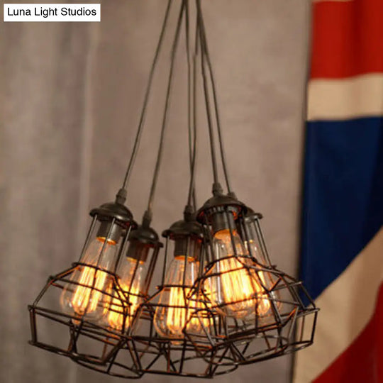 6-Bulb Industrial Pendant Lamp With Cage Shade And Adjustable Cord Bronze Finish