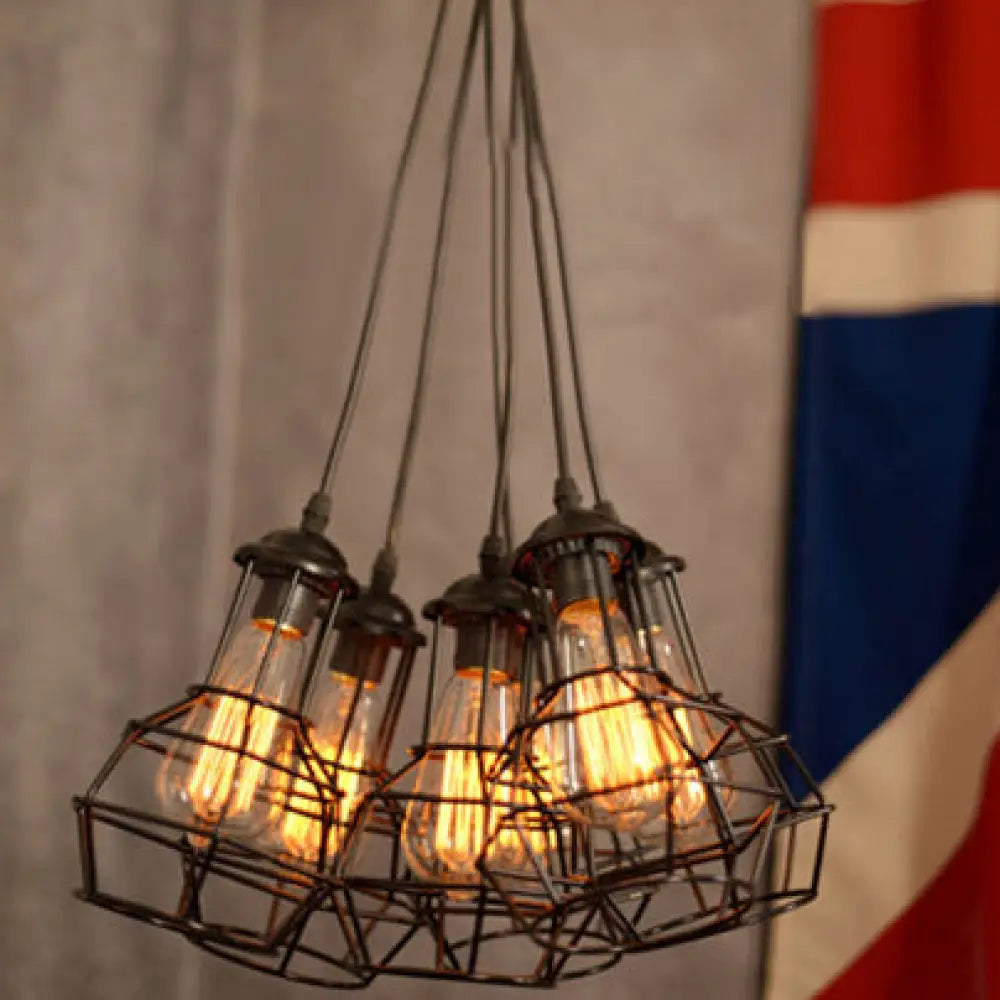 Bronze Industrial Cluster Pendant Lighting: Cage Shade Adjustable Cord 6 Bulbs