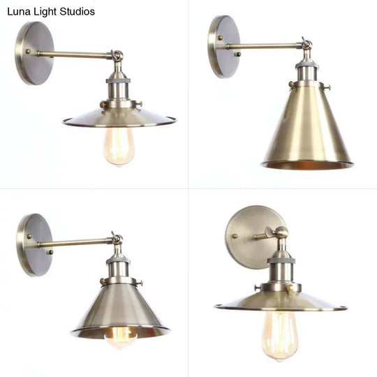 Bronze Industrial Iron Wall Lamp With Rotating Joint Saucer/Cone/Horn Mount & Roll-Edge Light