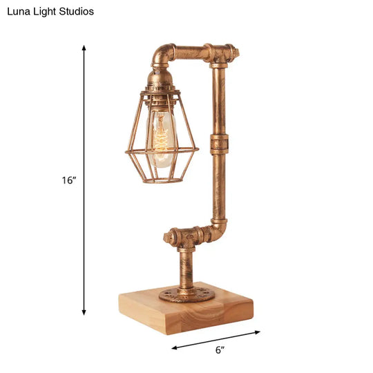 Bronze Industrial Piped Table Lamp With Wooden Base - 1 Head Metal Lighting For Living Room