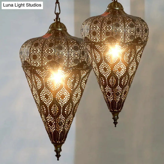 Bronze Iron Hollow Ceiling Light - Classic Single-Bulb Pendant For Restaurants