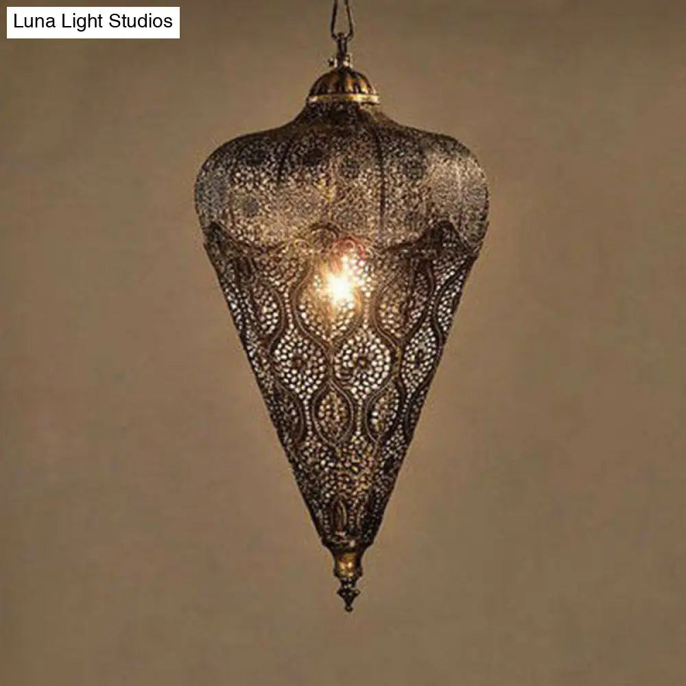 Bronze Iron Hollow Ceiling Light - Classic Single-Bulb Pendant For Restaurants