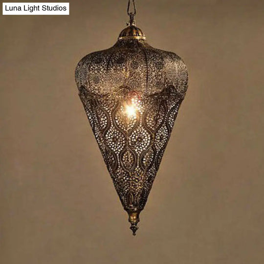 Bronze Iron Hollow Ceiling Light - Classic Single-Bulb Pendant For Restaurants