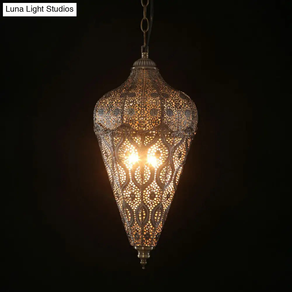 Bronze Iron Hollow Ceiling Light - Classic Single-Bulb Pendant For Restaurants