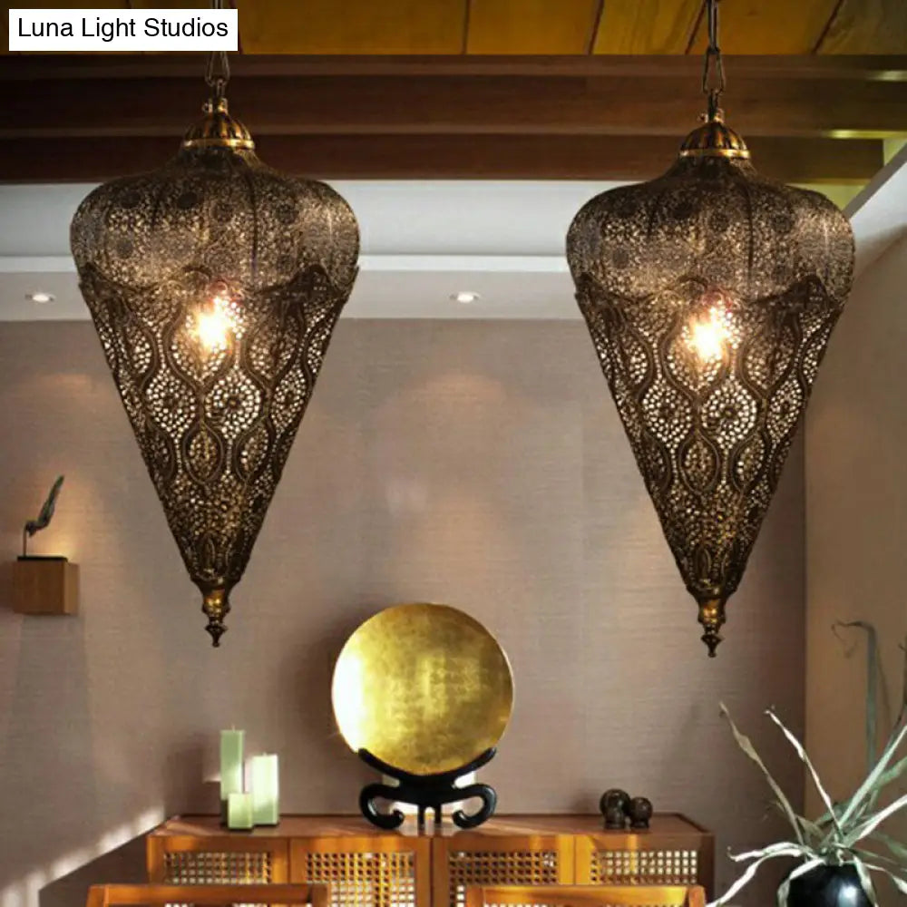 Bronze Iron Hollow Ceiling Light - Classic Single-Bulb Pendant For Restaurants