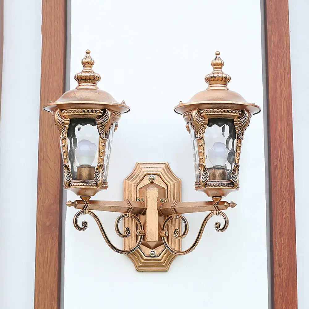 Bronze Lantern Wall Light - Clear Glass Cottage Style 2 Heads Courtyard Hanging