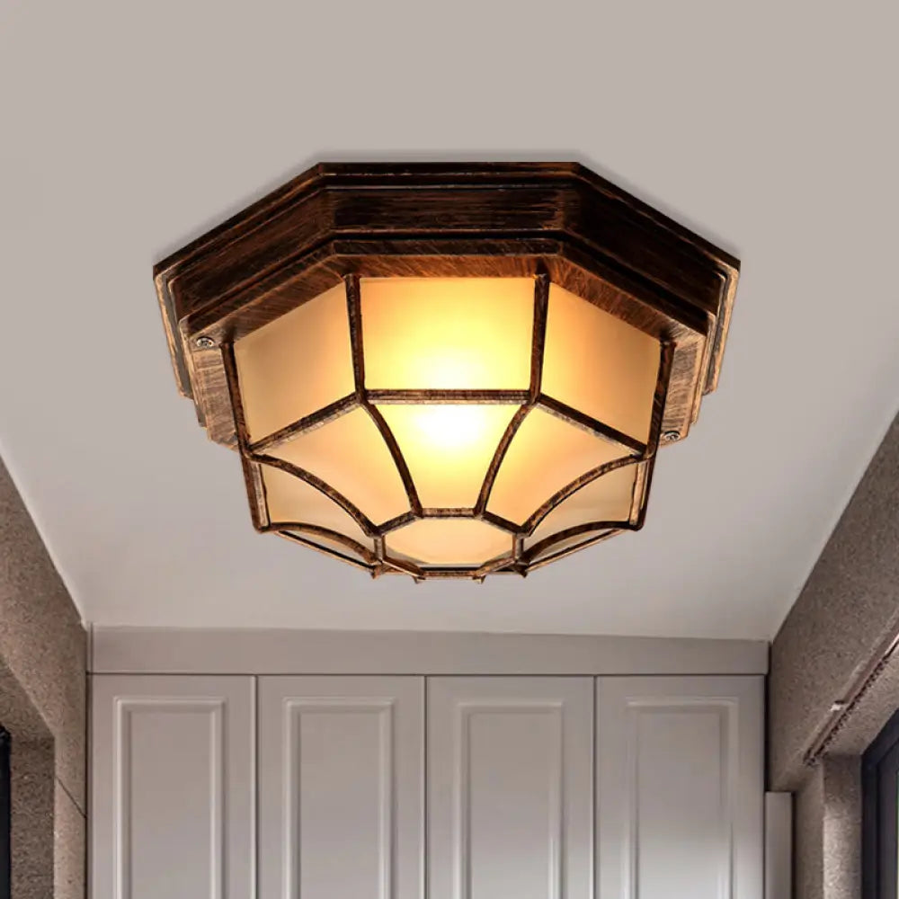 Bronze Lodge Flush Mount Ceiling Light With Frosted Glass & Cage - 1 Octagonal Fixture