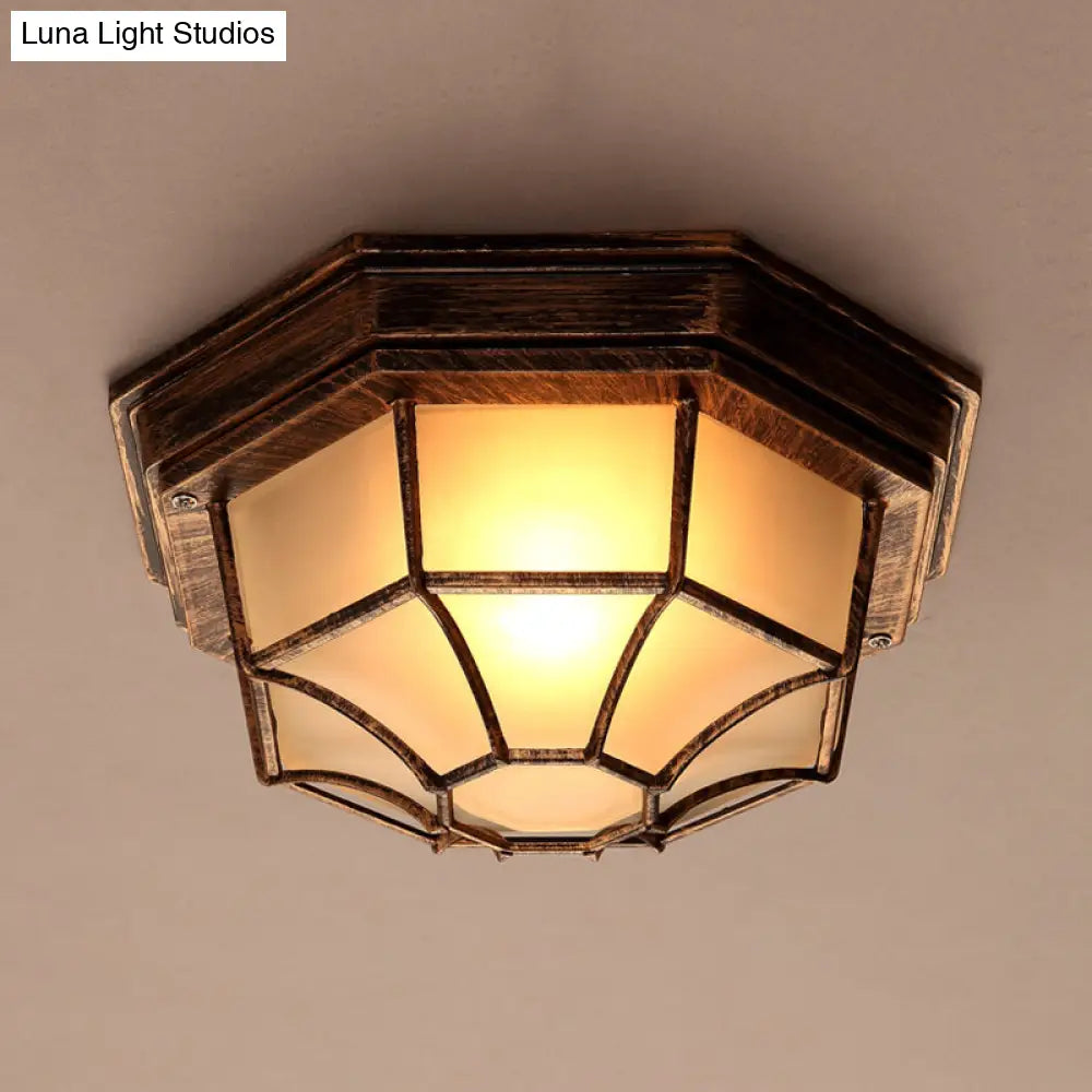 Bronze Lodge Flush Mount Ceiling Light With Frosted Glass & Cage - 1 Octagonal Fixture