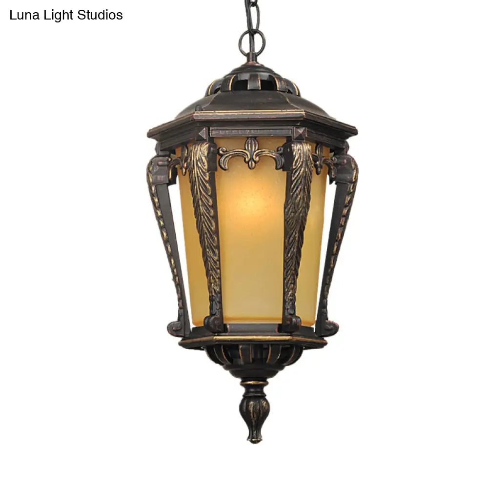 Bronze Lodge Head Pendant Light With Yellow Glass Lantern - Perfect Outdoor Lighting Fixture