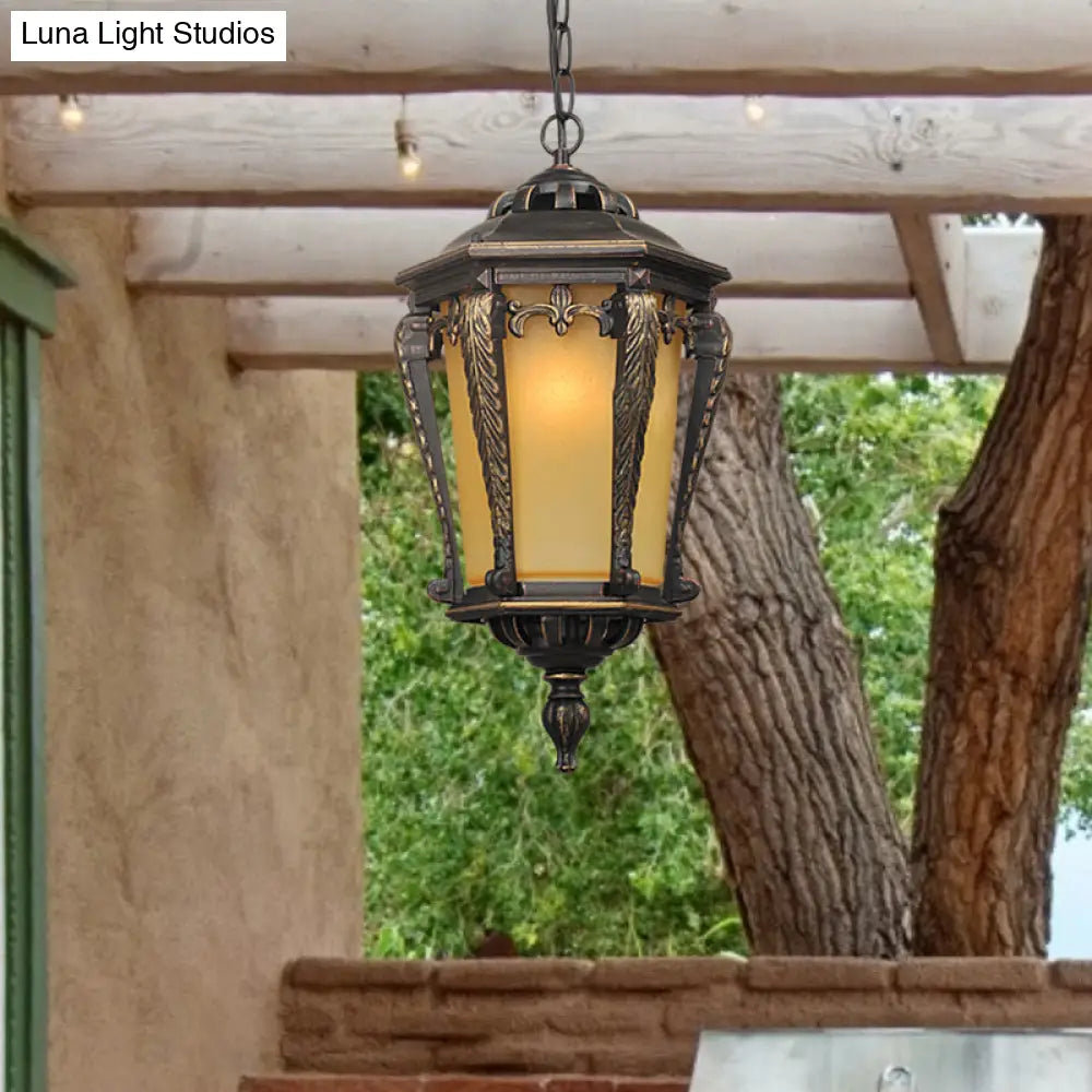 Bronze Lodge Head Pendant Light With Yellow Glass Lantern - Perfect Outdoor Lighting Fixture