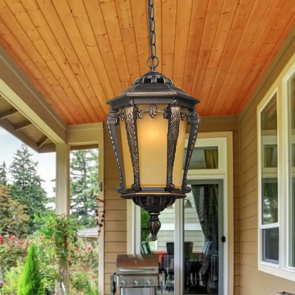 Bronze Lodge Head Pendant Light With Yellow Glass Lantern - Perfect Outdoor Lighting Fixture