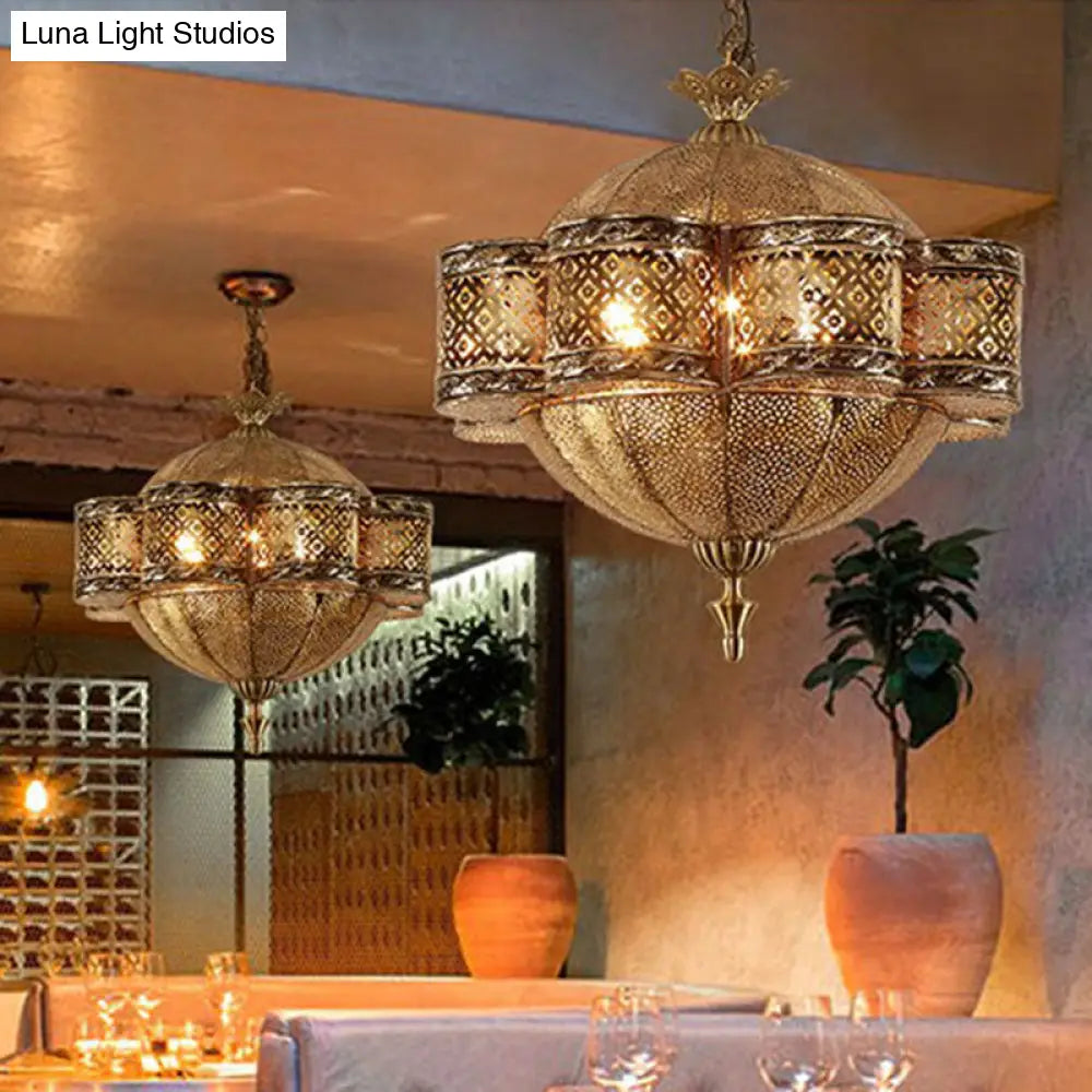 Bronze Metallic Cut-Out Ceiling Light - 6 Bulb Pendant For Southeast Asian Restaurants