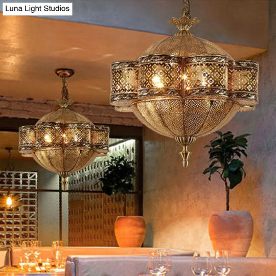 Bronze Metallic Cut-Out Ceiling Light - 6 Bulb Pendant For Southeast Asian Restaurants