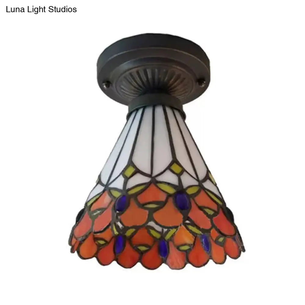 Bronze Mini Semi Flush Mount Tiffany Style Ceiling Light With Stained Glass Floral Shade - 8’H X 6’D