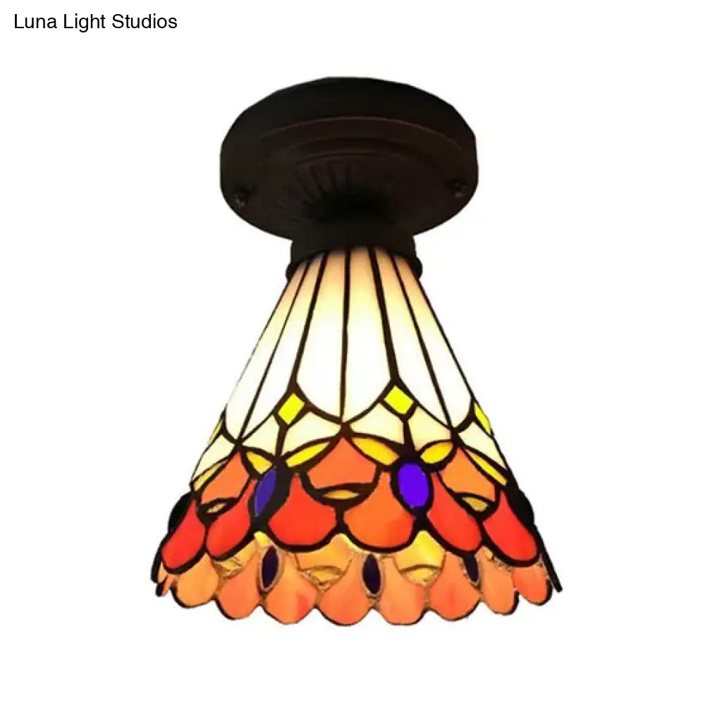 Bronze Mini Semi Flush Mount Tiffany Style Ceiling Light With Stained Glass Floral Shade - 8H X 6D