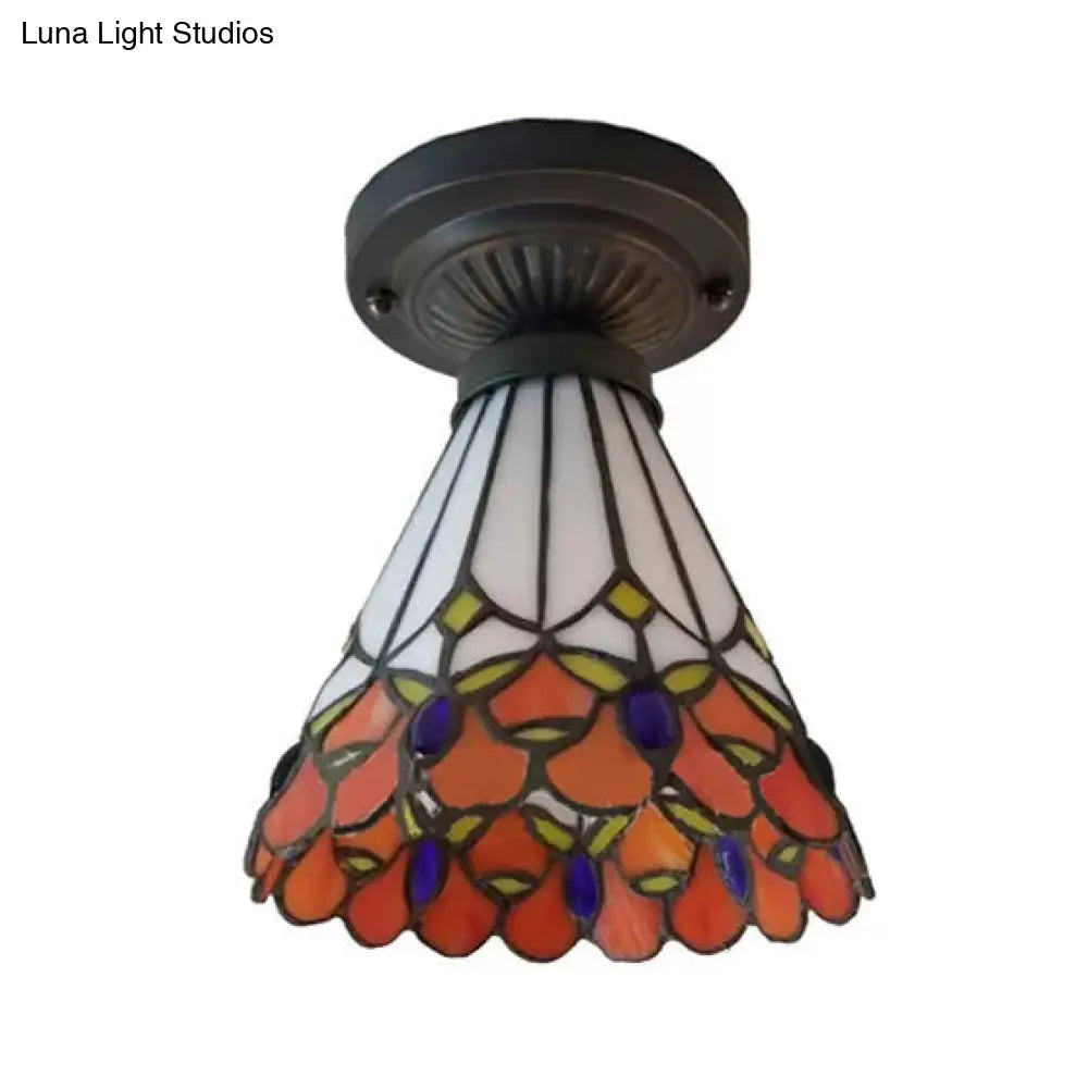 Bronze Mini Semi Flush Mount Tiffany Style Ceiling Light With Stained Glass Floral Shade - 8H X 6D