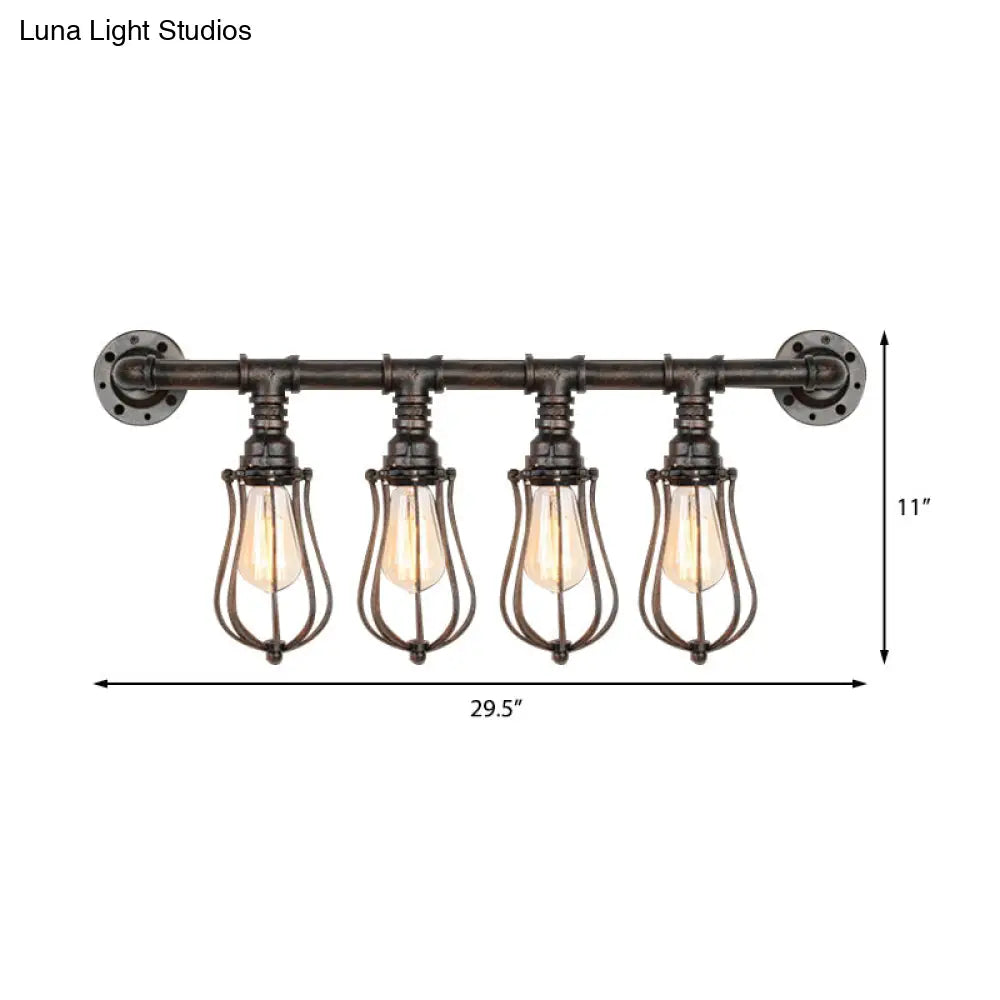 Bronze Nautical Wall Mount Light With Wire Cage And Pipe 4-Light Metal Sconce Lighting