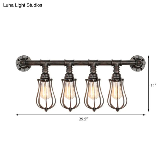 Bronze Nautical Wall Mount Light With Wire Cage And Pipe 4-Light Metal Sconce Lighting