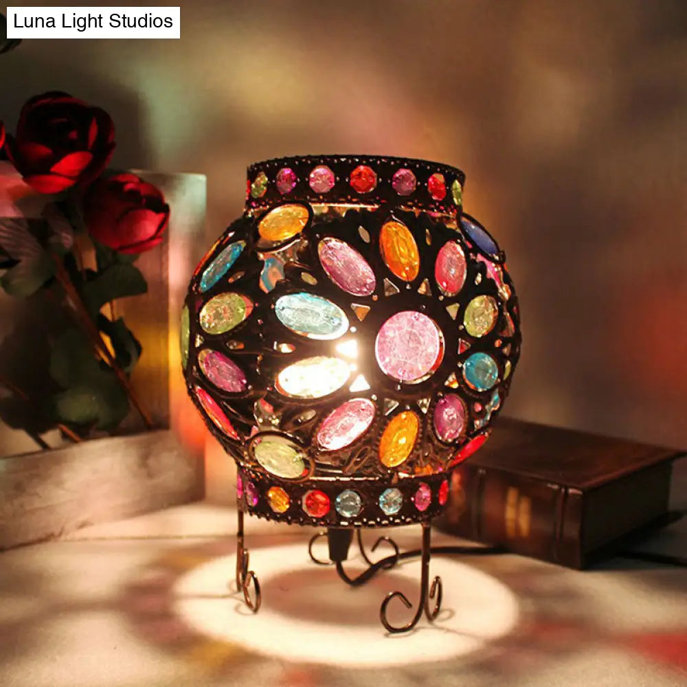 Bronze Oblate Iron Table Lamp With Acrylic Bead: Traditional 1-Light Bedroom Nightstand Lighting