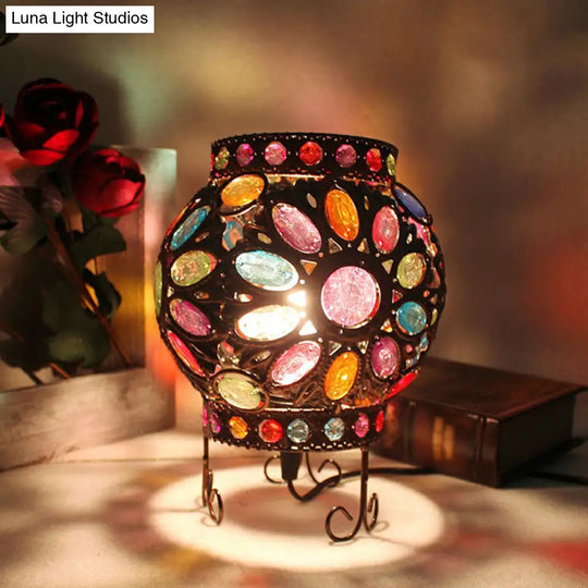 Bronze Oblate Iron Table Lamp With Acrylic Bead: Traditional 1-Light Bedroom Nightstand Lighting