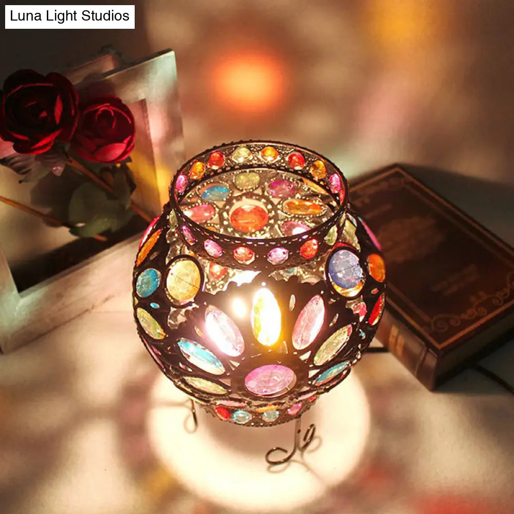 Bronze Oblate Iron Table Lamp With Acrylic Bead: Traditional 1-Light Bedroom Nightstand Lighting