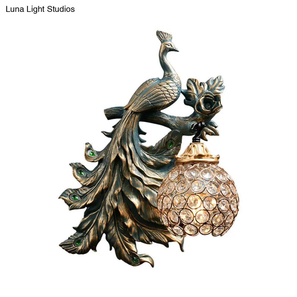 Bronze Resin Peacock Corridor Wall Sconce With Clear Crystal Shade