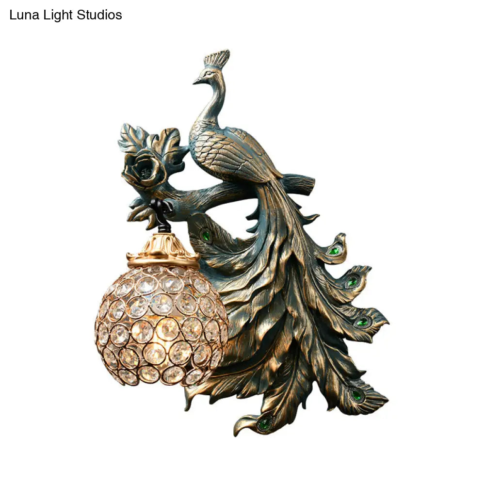 Bronze Resin Peacock Corridor Wall Sconce With Clear Crystal Shade