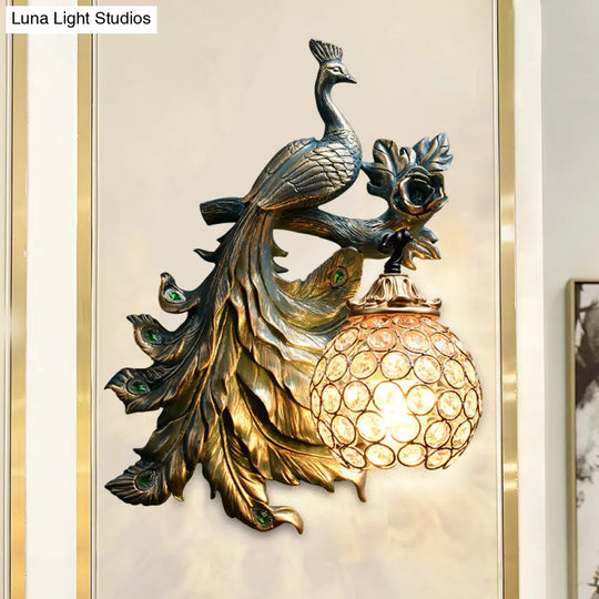 Bronze Resin Peacock Corridor Wall Sconce With Clear Crystal Shade