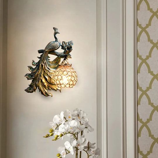 Bronze Resin Peacock Corridor Wall Sconce With Clear Crystal Shade / Left