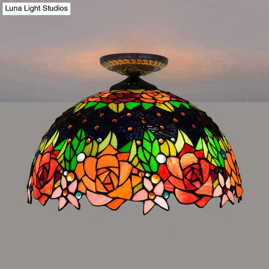 Bronze Rose/Flower Tiffany Ceiling Lamp - Multicolored Stained Glass Flush Mount Lighting / Rose