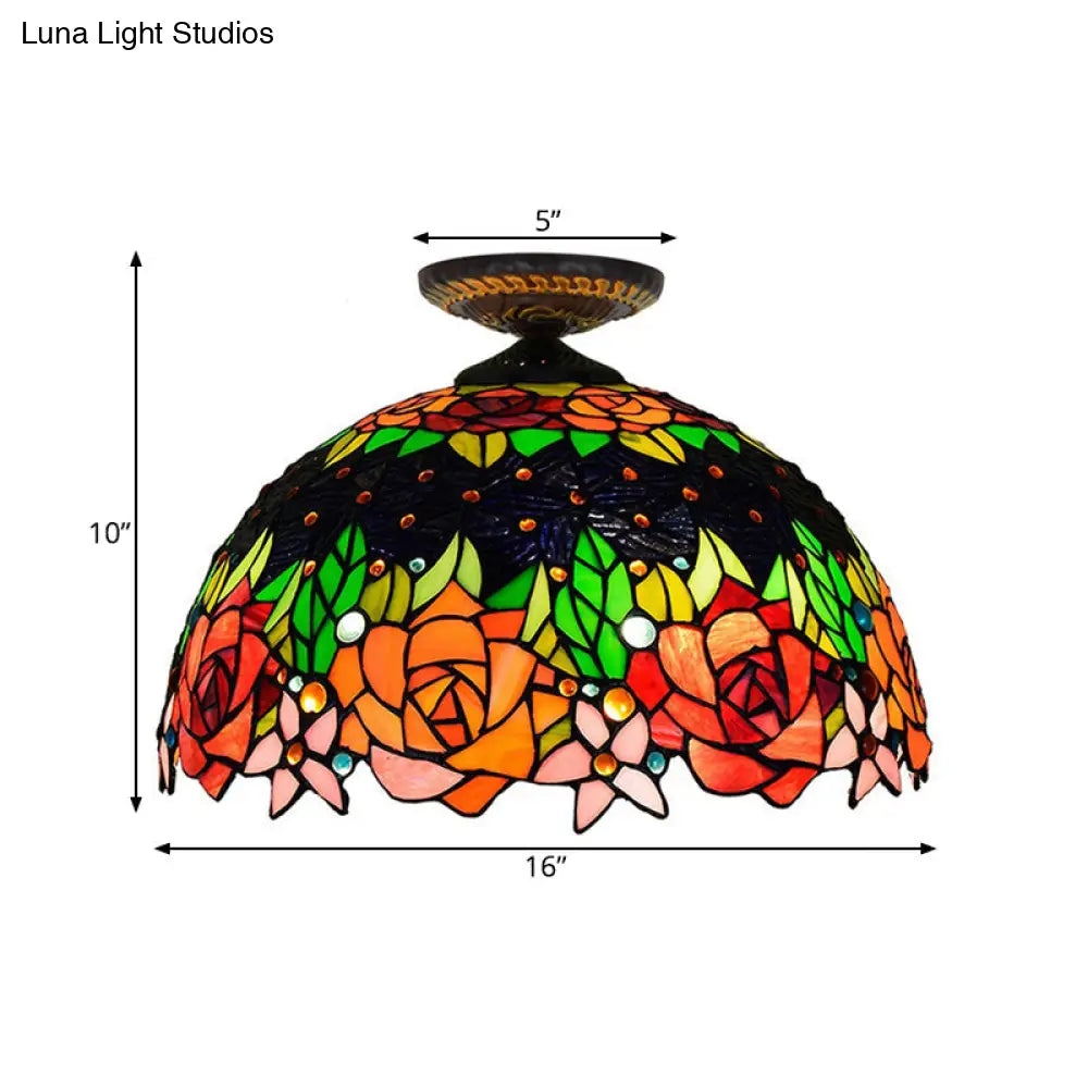 Bronze Rose/Flower Tiffany Ceiling Lamp - Multicolored Stained Glass Flush Mount Lighting