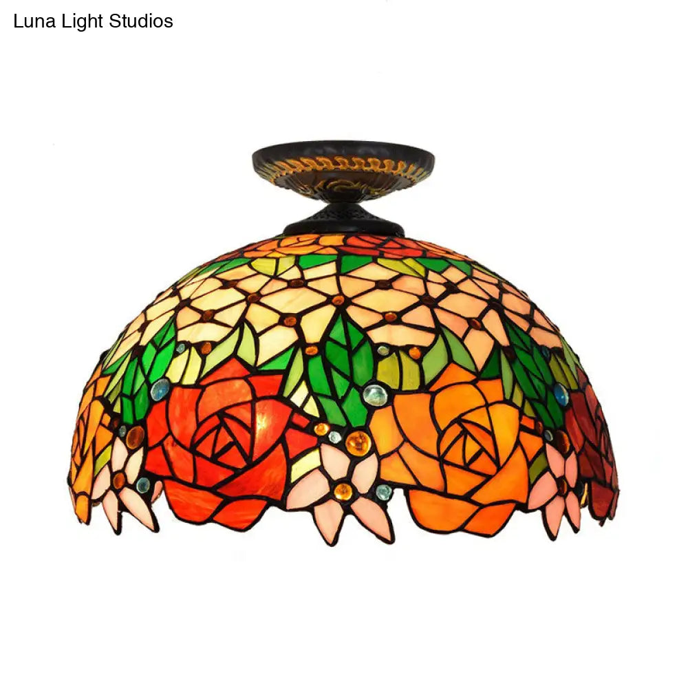 Bronze Rose/Flower Tiffany Ceiling Lamp - Multicolored Stained Glass Flush Mount Lighting