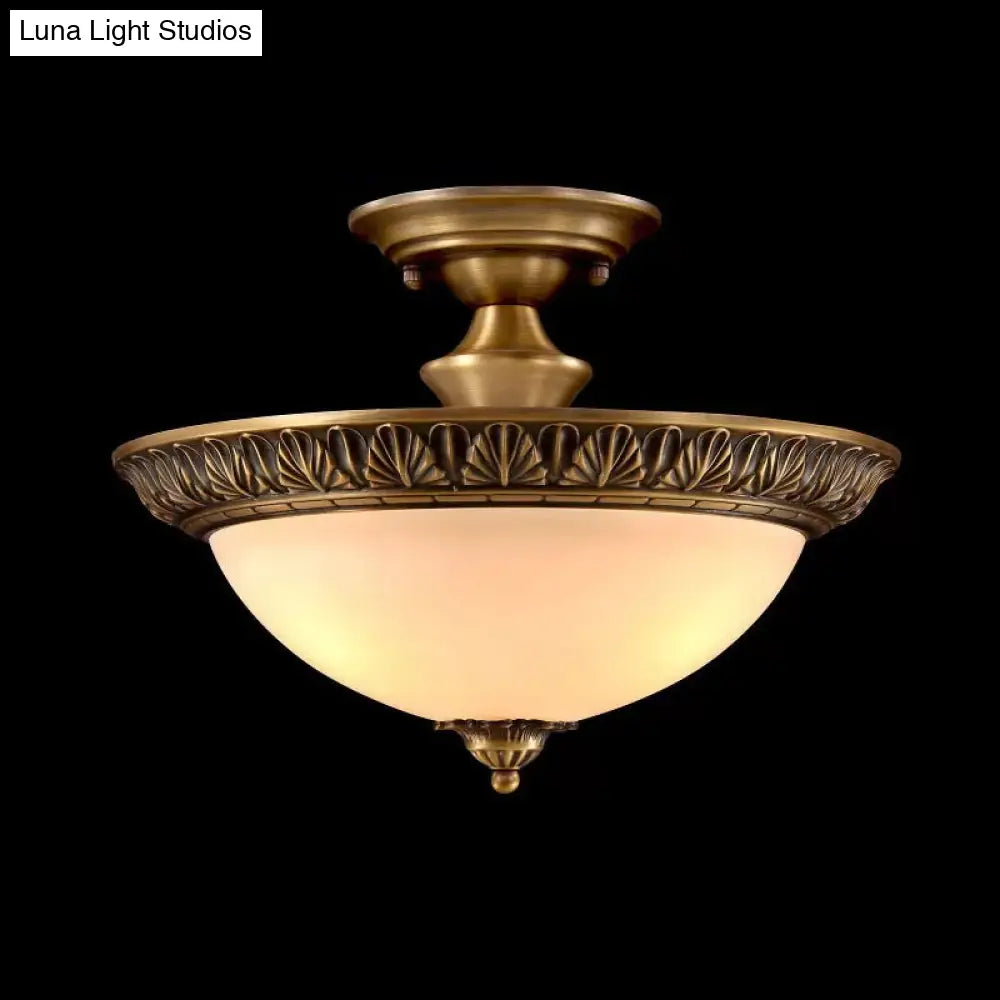 Bronze Semi Flush Led Ceiling Light With Milk Glass Bowl And Carved Edge