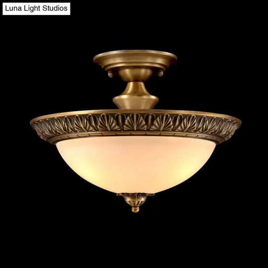 Bronze Semi Flush Led Ceiling Light With Milk Glass Bowl And Carved Edge