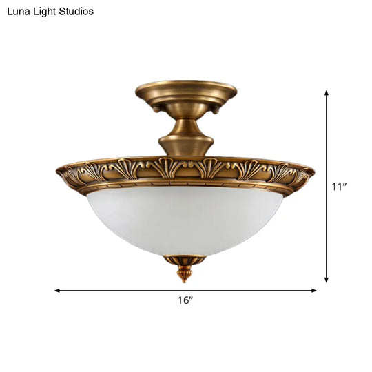 Bronze Semi Flush Led Ceiling Light With Milk Glass Bowl And Carved Edge