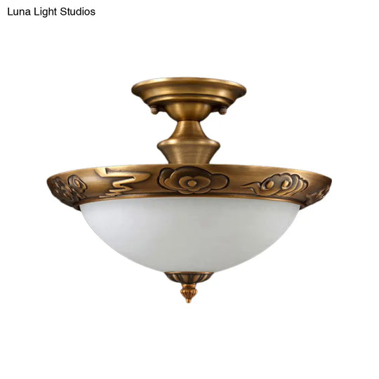 Bronze Semi Flush Led Ceiling Light With Milk Glass Bowl And Carved Edge