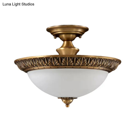 Bronze Semi Flush Led Ceiling Light With Milk Glass Bowl And Carved Edge