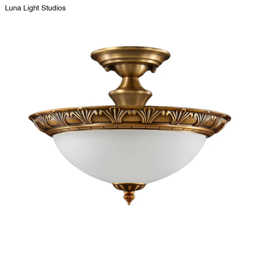 Bronze Semi Flush Led Ceiling Light With Milk Glass Bowl And Carved Edge