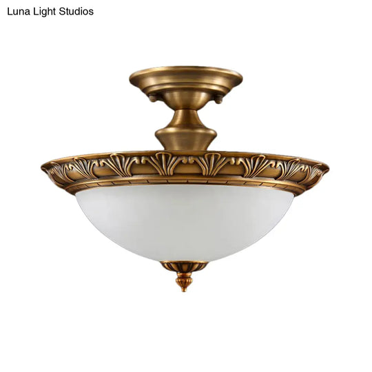 Bronze Semi Flush Led Ceiling Light With Milk Glass Bowl And Carved Edge