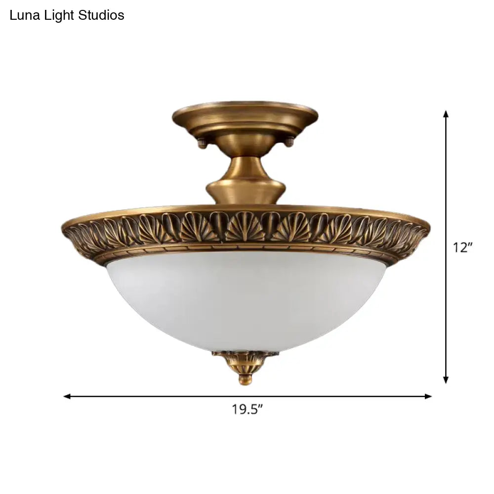 Bronze Semi Flush Led Ceiling Light With Milk Glass Bowl And Carved Edge