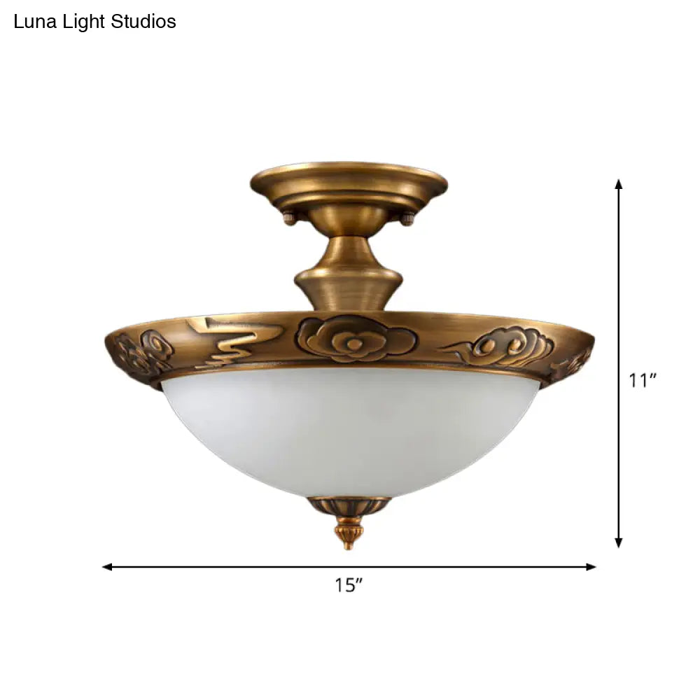 Bronze Semi Flush Led Ceiling Light With Milk Glass Bowl And Carved Edge