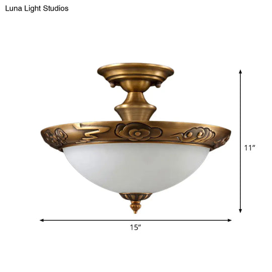 Bronze Semi Flush Led Ceiling Light With Milk Glass Bowl And Carved Edge