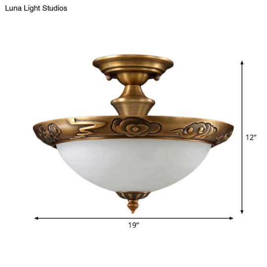 Bronze Semi Flush Led Ceiling Light With Milk Glass Bowl And Carved Edge