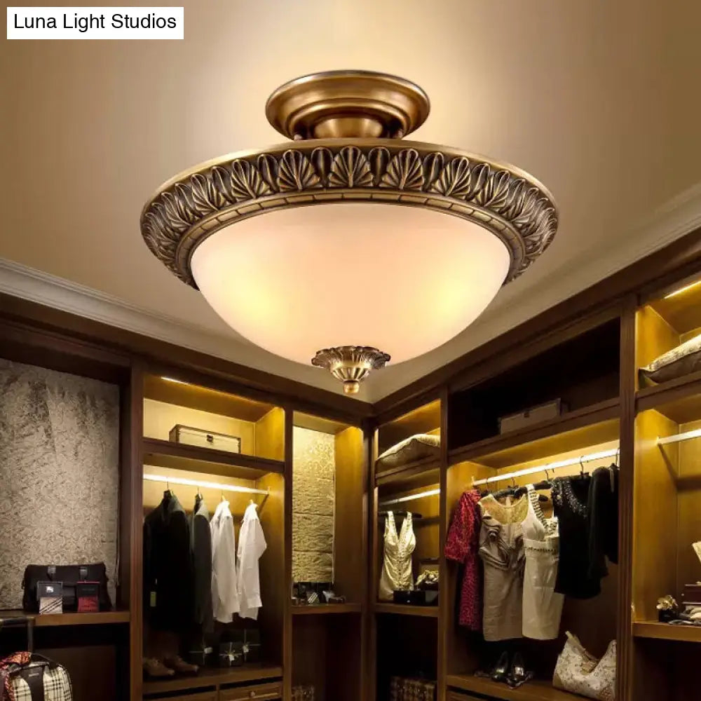 Bronze Semi Flush Led Ceiling Light With Milk Glass Bowl And Carved Edge