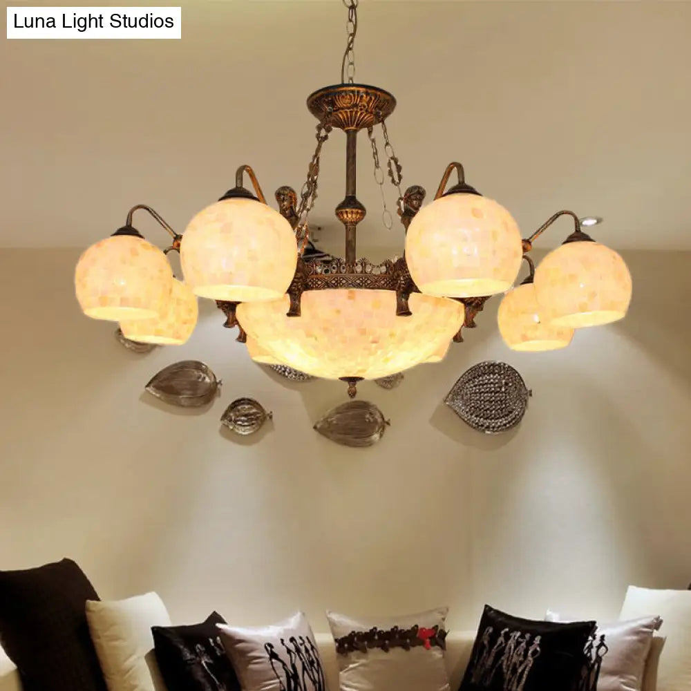 Bronze Spherical Shell Tiffany-Style Chandelier - 5/9/11-Light Suspension Ceiling Lighting