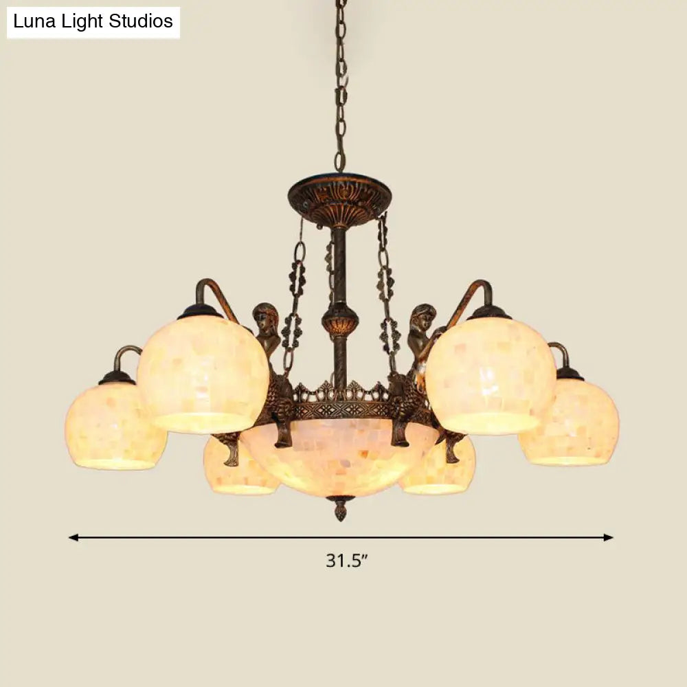 Bronze Spherical Shell Tiffany-Style Chandelier - 5/9/11-Light Suspension Ceiling Lighting