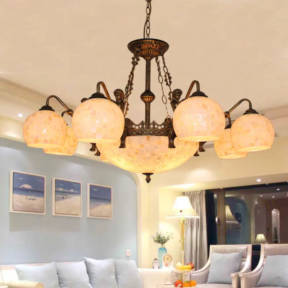 Bronze Spherical Shell Tiffany-Style Chandelier - 5/9/11-Light Suspension Ceiling Lighting 11 /