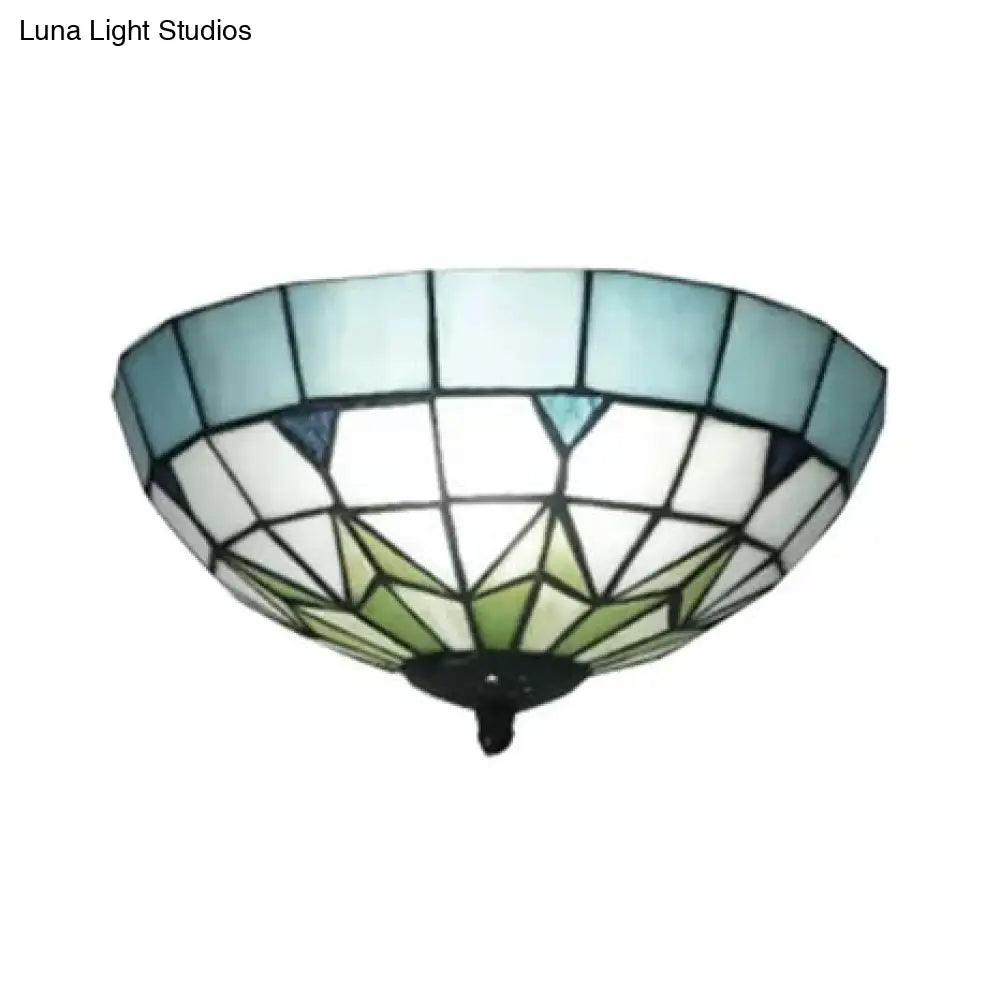 Bronze Stained Glass Ceiling Lighting - Mini Tiffany Style Flush Mount Light Fixture With Jewel For