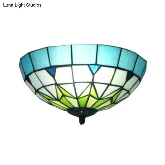 Bronze Stained Glass Ceiling Lighting - Mini Tiffany Style Flush Mount Light Fixture With Jewel For